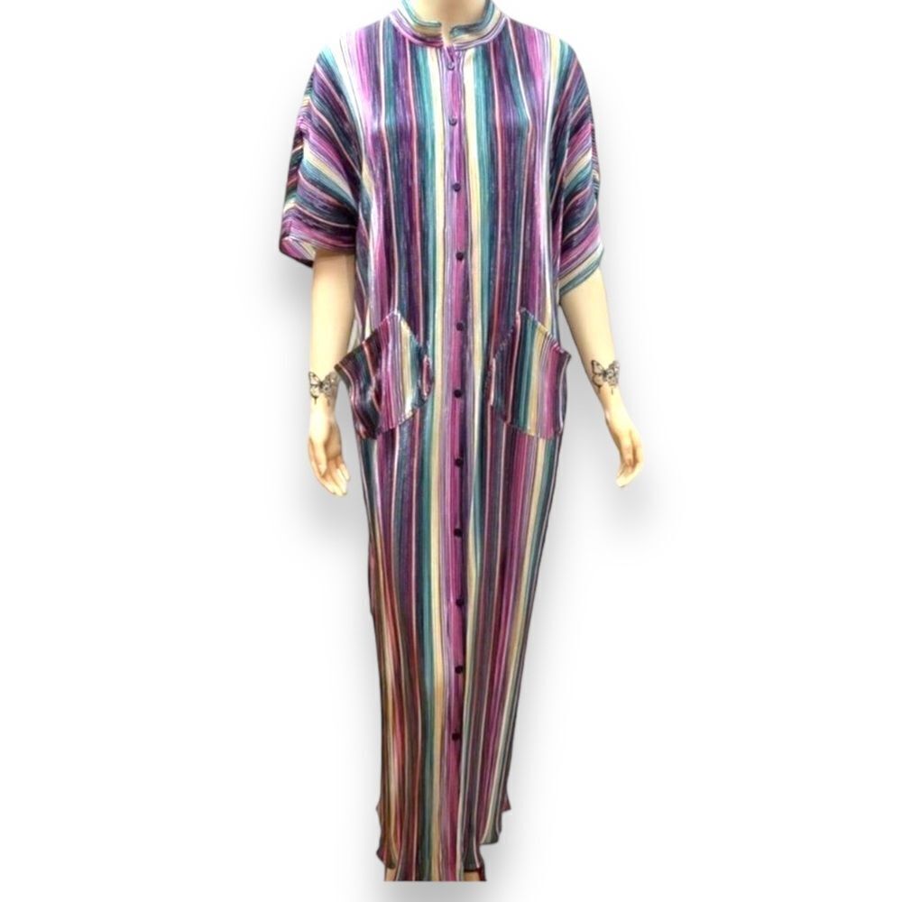 Colorful Stripes Button Up Front Pockets House Dress Maxi Kaftan 1X NWT